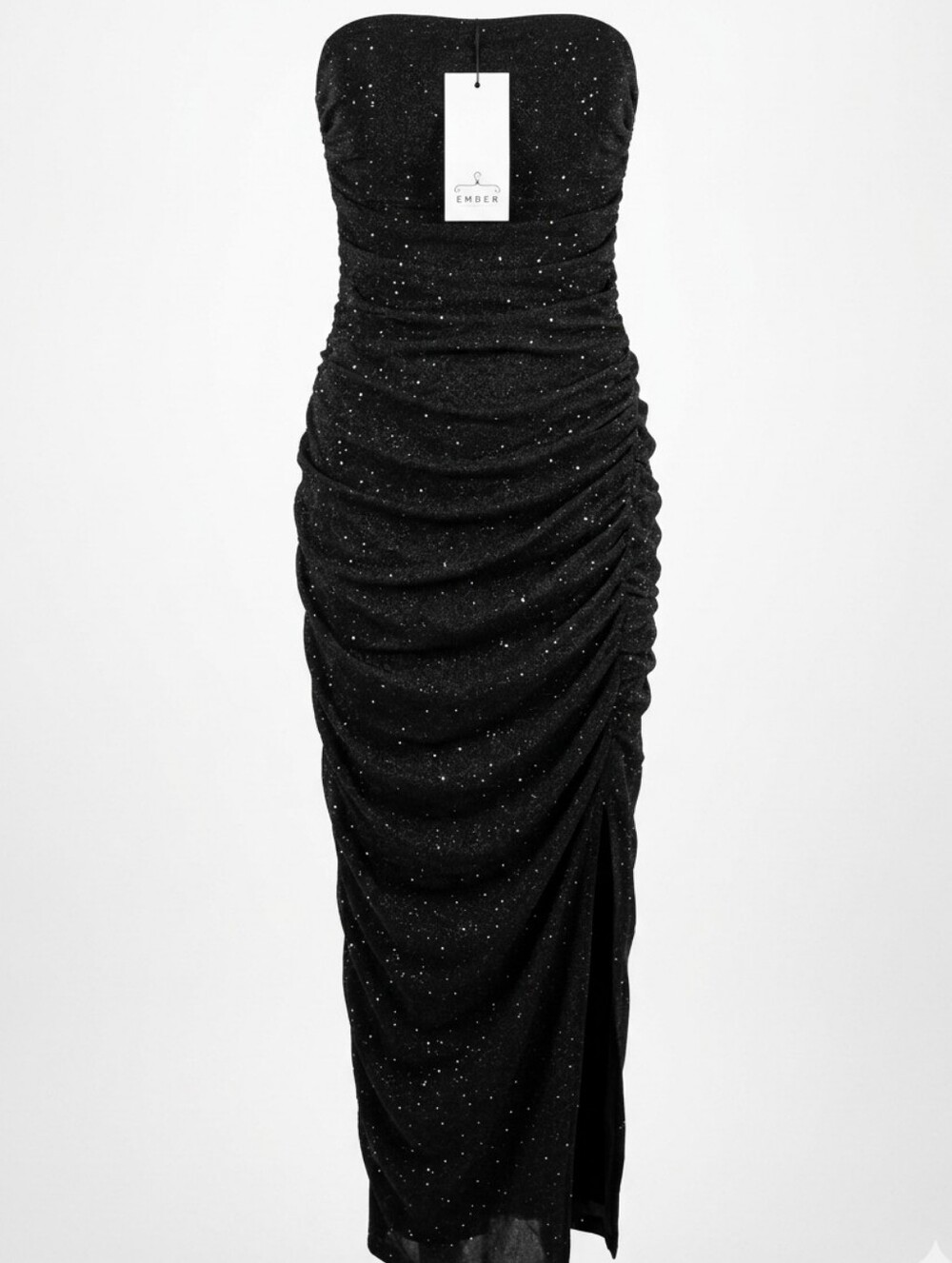 Ember Black Glitter Ruched Draped Maxi Dress Front Split NWT Size L